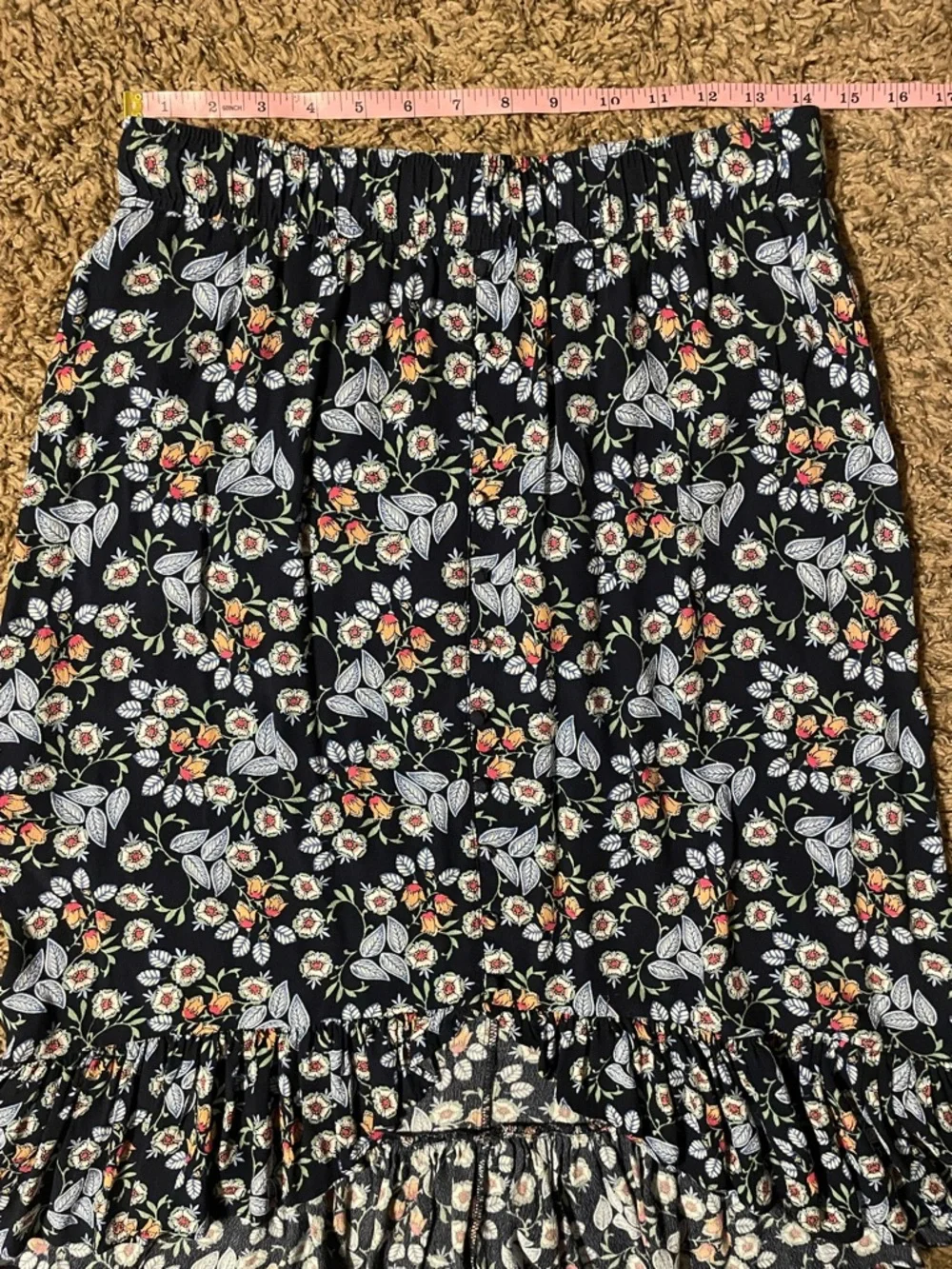 LOFT Petites Womens Medium MP Navy Floral Ruffle Hem Midi Rayon Skirt Modest